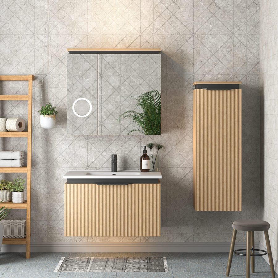 Turgutlu banyo dolabı modeli — ahşap görünümlü aynalı takım